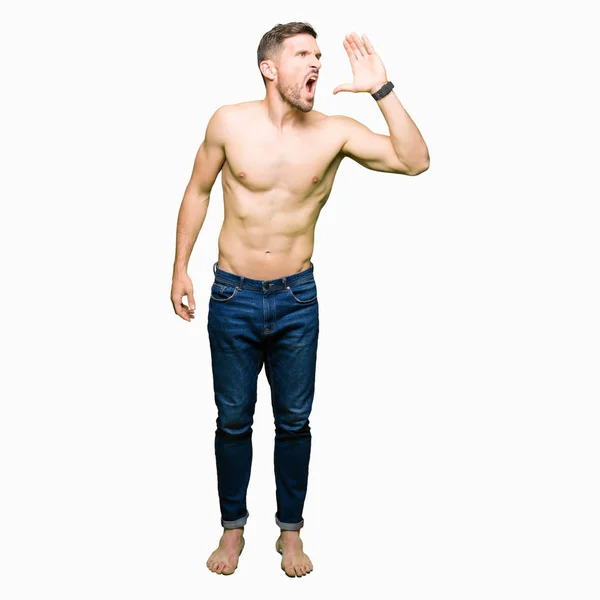 Handsome Shirtless Man Showing Nude Chest Shouting Screaming Loud Side — Stock Photo, Image