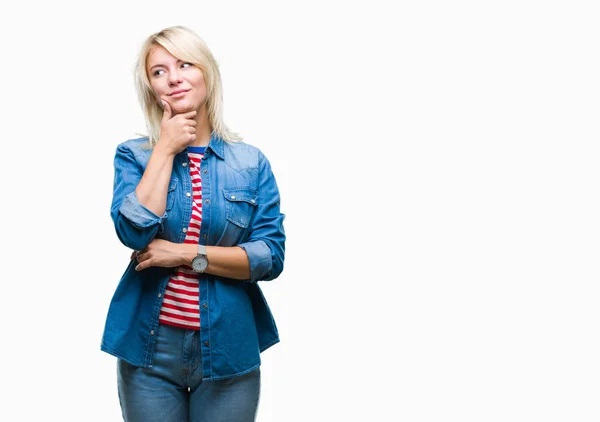 Young Beautiful Blonde Woman Wearing Denim Jacket Isolated Background Hand — Stock Photo, Image