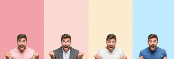 Collage Stilig Ung Man Över Färgglada Ränder Isolerade Bakgrund Firar — Stockfoto