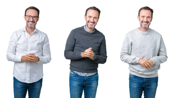 白でハンサムな年配の男性のコラージュが一緒に背景手を分離し リラックスして 陽気な笑顔を祈る 成功と楽観的な — ストック写真