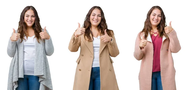 Коллаж Красивой Женщины Плюс Размер Носить Зимнюю Куртку Изолированном Фоне — стоковое фото