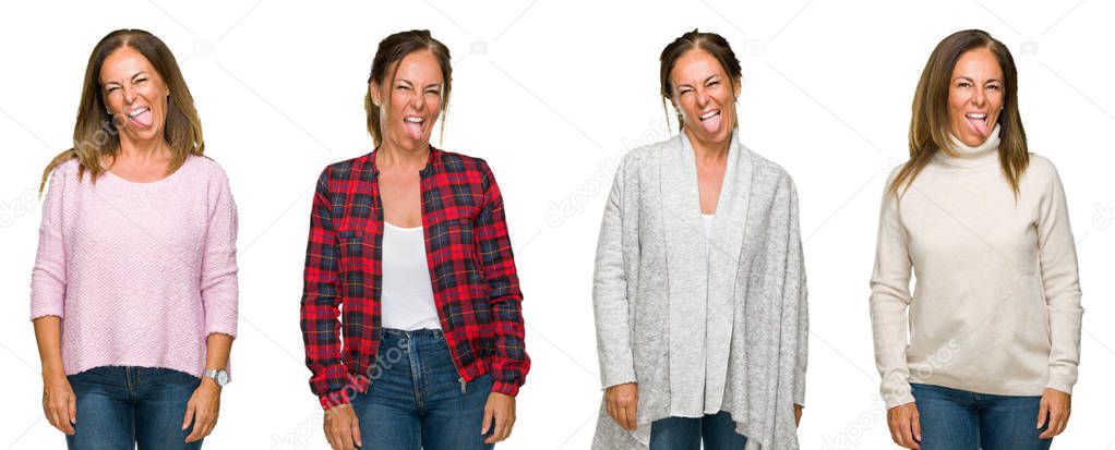Collage of beautiful middle age woman wearing winter sweater over white isolated background sticking tongue out happy with funny expression. Emotion concept.