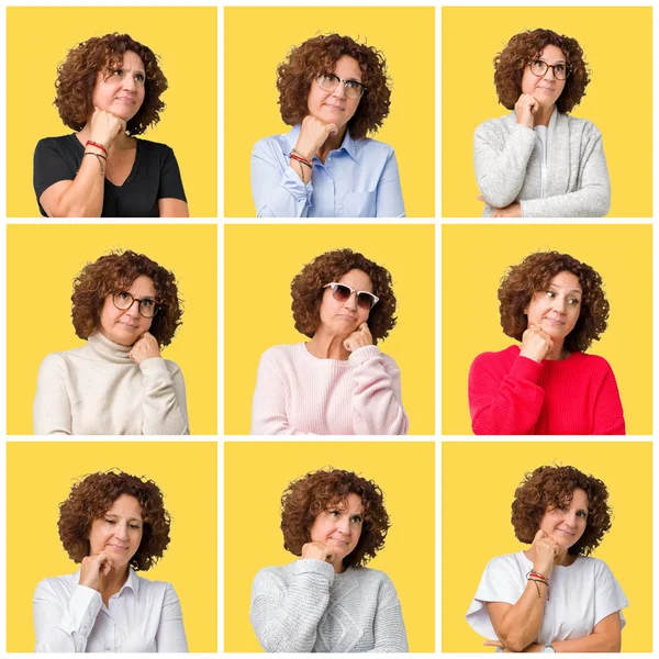 Collage Middle Age Senior Woman Yellow Isolated Background Hand Chin — Stock Photo, Image