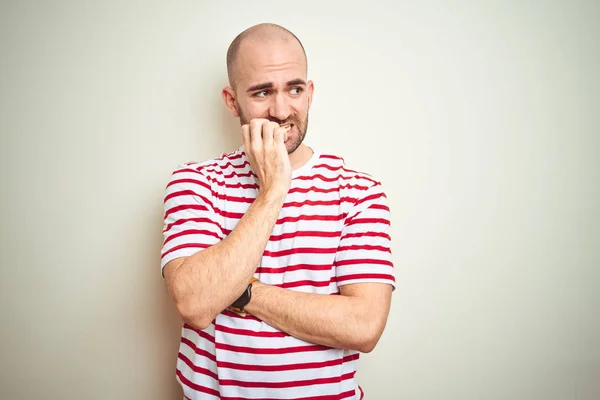 Young Bald Man Beard Wearing Casual Striped Red Shirt White — Stock Photo, Image