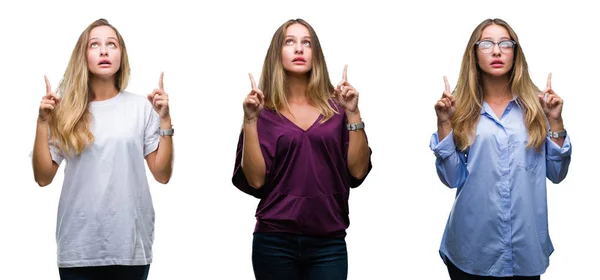 Collage Young Beautiful Blonde Woman Isolated Background Amazed Surprised Looking — Stock Photo, Image