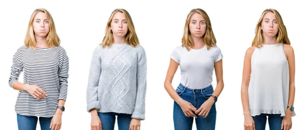 Collage Einer Schönen Blonden Frau Über Weißem Isoliertem Hintergrund Die — Stockfoto