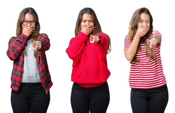 Collage Van Mooie Jonge Vrouw Geïsoleerde Lachend Van Achtergrond Wijzend — Stockfoto