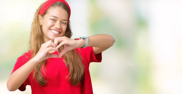 Young Beautiful Brunette Woman Wearing Red Shirt Isolated Background Smiling — Stock Photo, Image