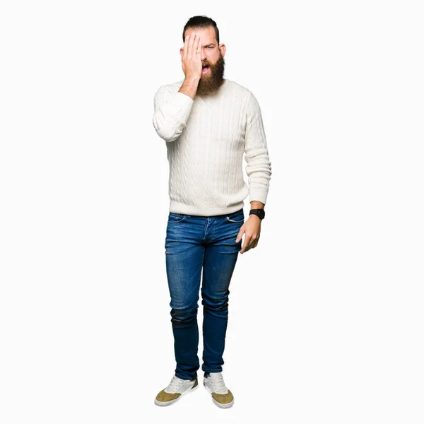 Young Hipster Man Wearing Winter Sweater Yawning Tired Covering Half — Stock Photo, Image