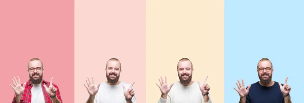 Colagem Jovem Com Barba Sobre Listras Coloridas Fundo Isolado Mostrando — Fotografia de Stock