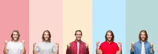 Collage Von Jungen Gutaussehenden Mann Über Bunten Streifen Isolierten Hintergrund — Stockfoto