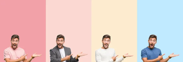 Collage Joven Guapo Sobre Rayas Colores Fondo Aislado Sorprendido Sonriendo — Foto de Stock