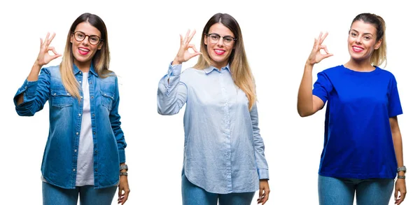 拼贴的年轻美丽的女人戴着眼镜在孤立的背景微笑积极做好标志与手和手指 成功的表达 — 图库照片