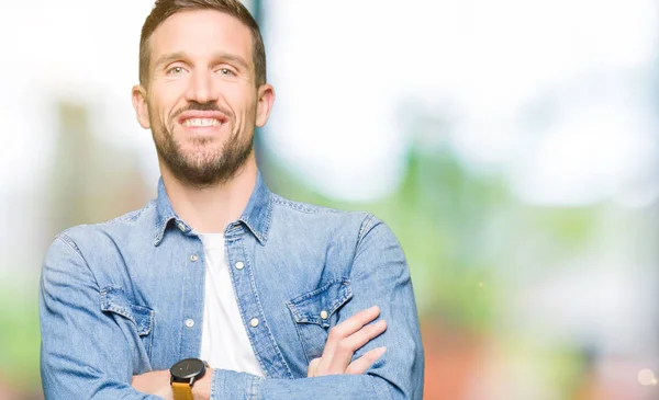 Knappe Man Met Blauwe Ogen Baard Dragen Denim Jasje Blij — Stockfoto