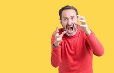 Öfke ile sinirli bağırarak izole arka plan üzerinde kış kazak giymiş yakışıklı orta yaş ağarmış komuta sizde eller boğazlamak istiyor deli bağırıyor