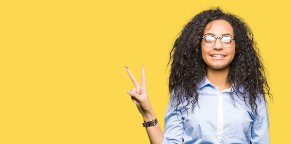 Young Beautiful Business Girl Curly Hair Wearing Glasses Showing Pointing — Stock Photo, Image