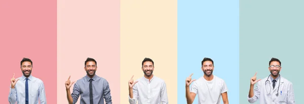 Renkli Çizgili Izole Arka Plan Üzerinde Yakışıklı Adam Kolaj Gülümseyerek — Stok fotoğraf