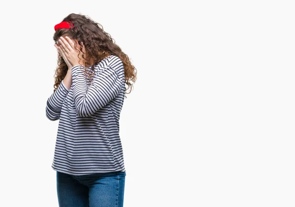 손으로 얼굴을 표정으로 줄무늬 스웨터를 우울증 — 스톡 사진