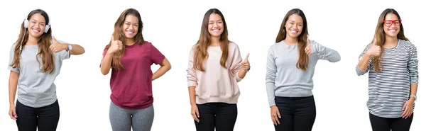 Collage Vacker Ung Kvinna Över Isolerad Bakgrund Gör Happy Tummen — Stockfoto