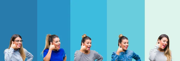 Collage Von Jungen Schönen Frau Über Blauen Streifen Isoliert Hintergrund — Stockfoto