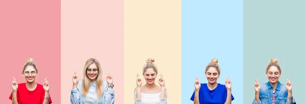 Collage Hermosa Mujer Rubia Sobre Rayas Colores Fondo Aislado Sonriendo — Foto de Stock