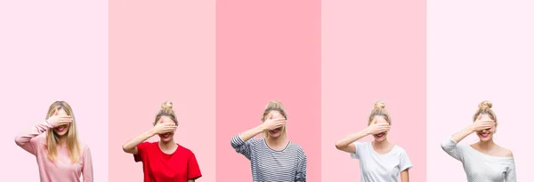 Collage Young Beautiful Blonde Woman Vivid Colorful Vintage Pink Isolated — Stock Photo, Image