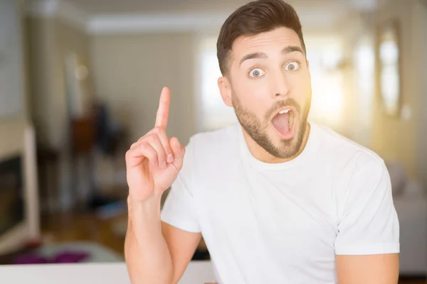 Young Handsome Man Wearing Casual White Shirt Home Pointing Finger — Stock Photo, Image