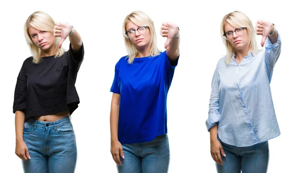 Collage Einer Schönen Blonden Frau Vor Isoliertem Hintergrund Die Unglücklich — Stockfoto