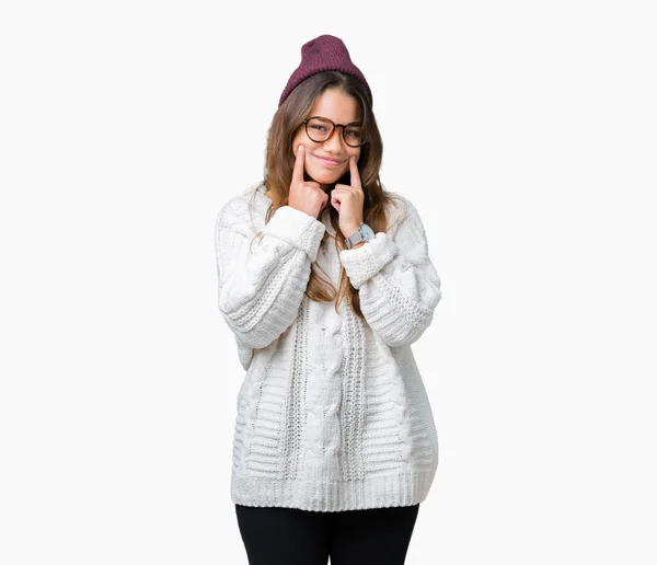 Young Beautiful Brunette Hipster Woman Wearing Glasses Winter Hat Isolated — Stock Photo, Image