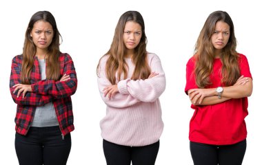 Kolaj izole arka plan şüpheci ve sinir, onaylamayan ifade yüz çapraz kolları olan güzel ve genç birbayan. Negatif kişi.