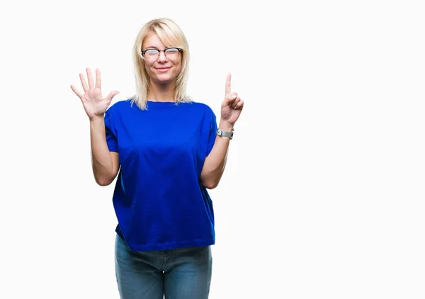 Young Beautiful Blonde Woman Wearing Glasses Isolated Background Showing Pointing — Stock Photo, Image