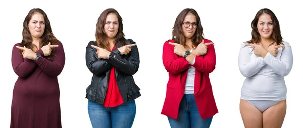 Collage Van Mooie Grootte Vrouw Geïsoleerde Achtergrond Pointing Aan Beide — Stockfoto