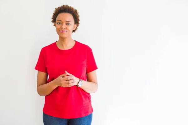 Jonge Mooie Afro Amerikaanse Vrouw Witte Achtergrond Handen Elkaar Vingers — Stockfoto