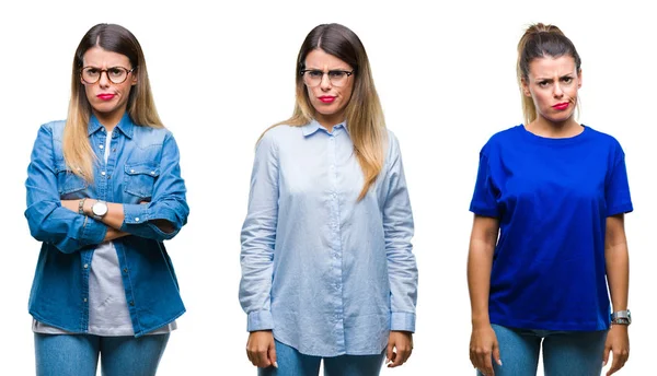 Collage Joven Hermosa Mujer Con Gafas Sobre Fondo Aislado Escéptico —  Fotos de Stock