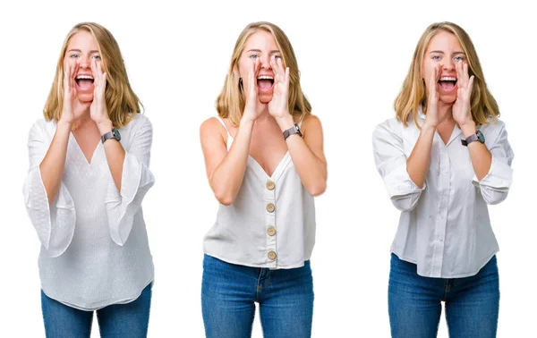 Collage Hermosa Mujer Rubia Sobre Fondo Blanco Aislado Gritando Enojado —  Fotos de Stock