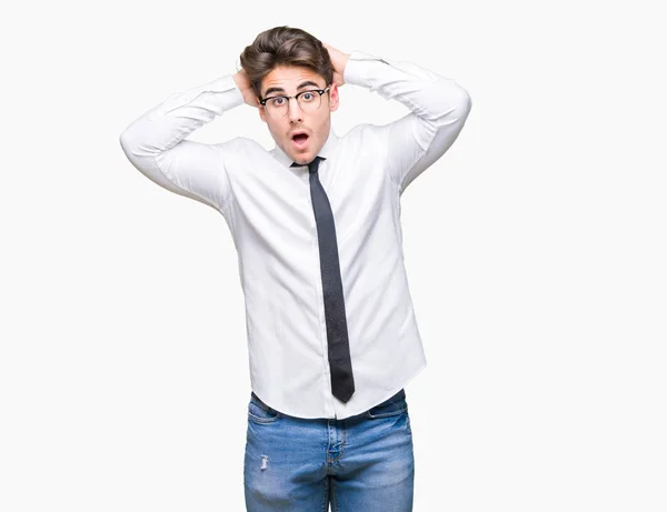 Young Business Man Wearing Glasses Isolated Background Crazy Scared Hands — Stock Photo, Image