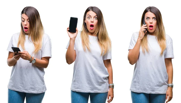Colagem Jovem Mulher Bonita Usando Smartphone Sobre Fundo Isolado Assustado — Fotografia de Stock