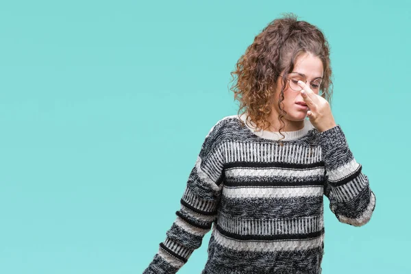 Schöne Brünette Lockige Haare Junge Mädchen Mit Brille Über Isoliertem — Stockfoto