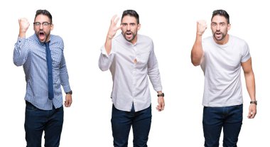 Beyaz izole arka plan öfkeli ve sinirli sinirli ve öfke ile bağırarak süre öfkeli yumruk yükselterek yakışıklı iş adam kolaj. Öfke ve agresif kavramı.