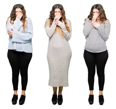 Kolaj güzel genç kadının üzerinde beyaz izole bir şey pis ve iğrenç kokulu arka plan, dayanılmaz koku, holding nefes burun parmaklar ile. Kötü kokuyor kavramı.