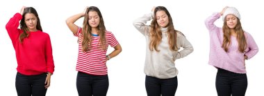 Kolaj izole arka plan üzerinde güzel genç kadının yanıltır ve soru hakkında merak ediyorum. Şüphe, kafasına el ile düşünme ile belirsiz. Dalgın kavramı.