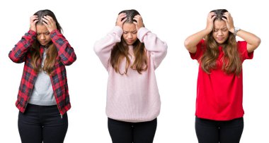 Çünkü çaresiz ve stresli baş ağrısı acı izole arka plan güzel genç kadın kolaj ağrı ve migren. Ellerini kafasına.