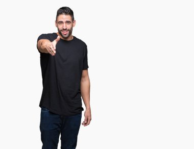 Yakışıklı delikanlı olarak tebrik ve konuksever dost sunan karşılıklı gülümseyen izole arka plan üzerinde. Başarılı iş.