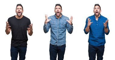 Beyaz izole arka plan çılgın ve deli bağırma ve agresif ifade ve kollar ile bağırarak üzerinde yakışıklı adam kolaj kaldırdı. Hayal kırıklığı kavramı.