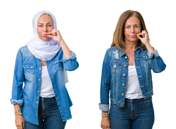 Collage Hermosa Mujer Árabe Mediana Edad Sobre Boca Fondo Aislado —  Fotos de Stock