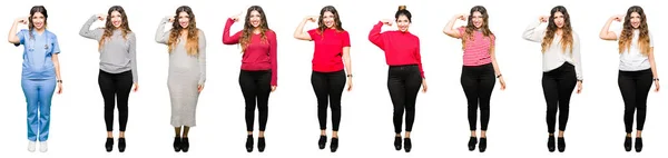 Collage Van Mooie Jonge Vrouw Dragen Verschillende Looks Witte Geïsoleerd — Stockfoto