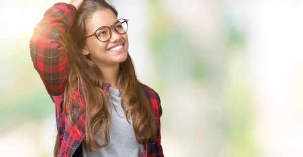 Junge Schöne Brünette Frau Trägt Jacke Und Brille Über Isoliertem — Stockfoto