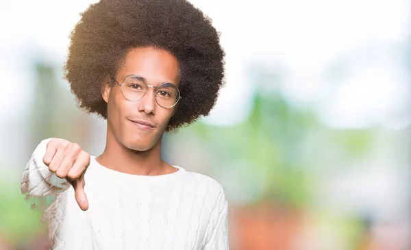 Young African American Man Afro Hair Wearing Glasses Looking Unhappy — Stock Photo, Image