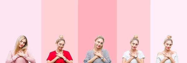 Collage Van Jonge Mooie Blonde Vrouw Levendige Kleurrijke Vintage Roze — Stockfoto