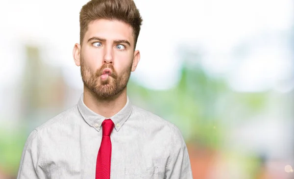 Young Handsome Business Man Making Fish Face Lips Crazy Comical — Stock Photo, Image